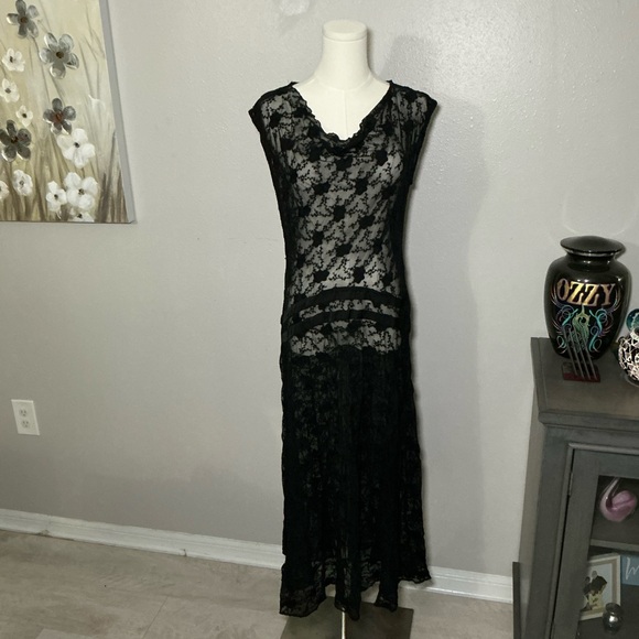 Sundance Black Lace Sheer Midi Dress S Goth Romantic Stretch - Picture 2 of 5